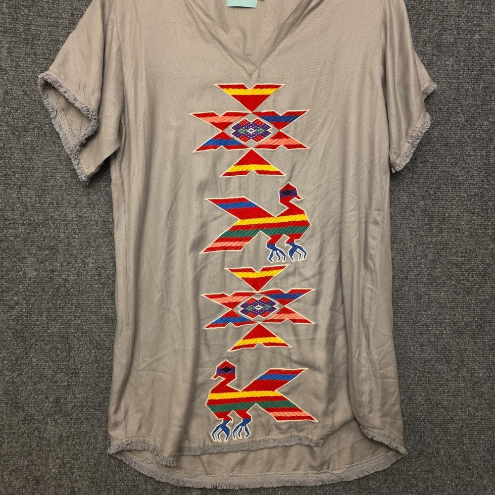 Judith March Shirt L‎ Gray Embroidered Thunderbird Native V Neck Tunic Top Boho